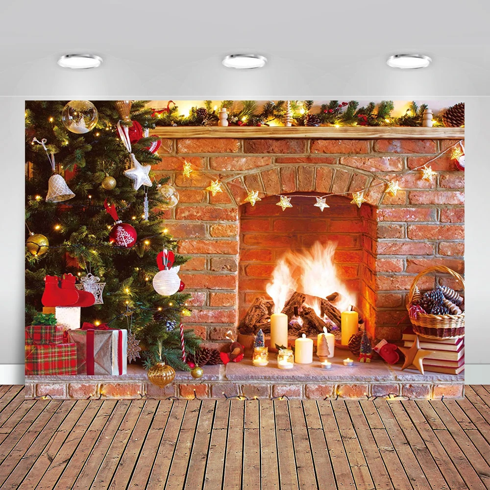 

Christmas Fireplace Backdrop Photography Xmas Tree Gifts Background for New Year Holiday Party Decor Banner Photo Studio Booth