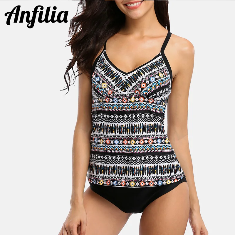 Anfilia Women Tankini Set Two Piece Swimwear Vintage Floral Printed Swimwear Back Cross Swimsuit Beachwear Bathing Suit Tankini