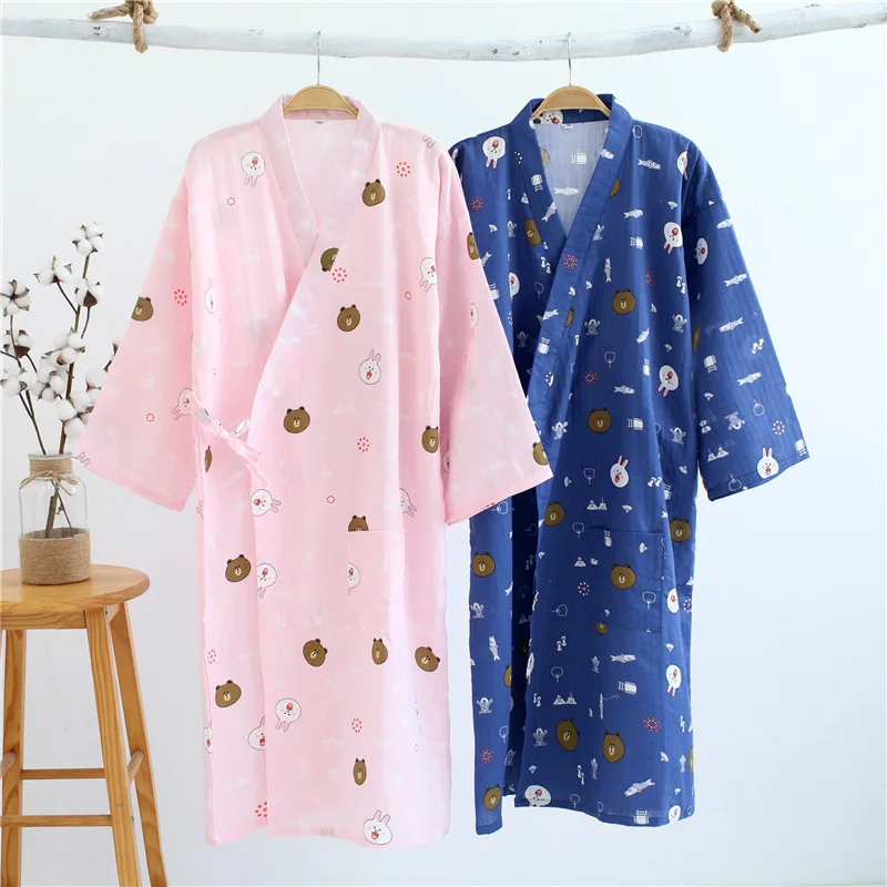 Summer Thin Gauze Dressing Gown Matching Japanese Kimono Bathrobe Cotton Cardigan Long Nightgown Sweat Steam Clothing