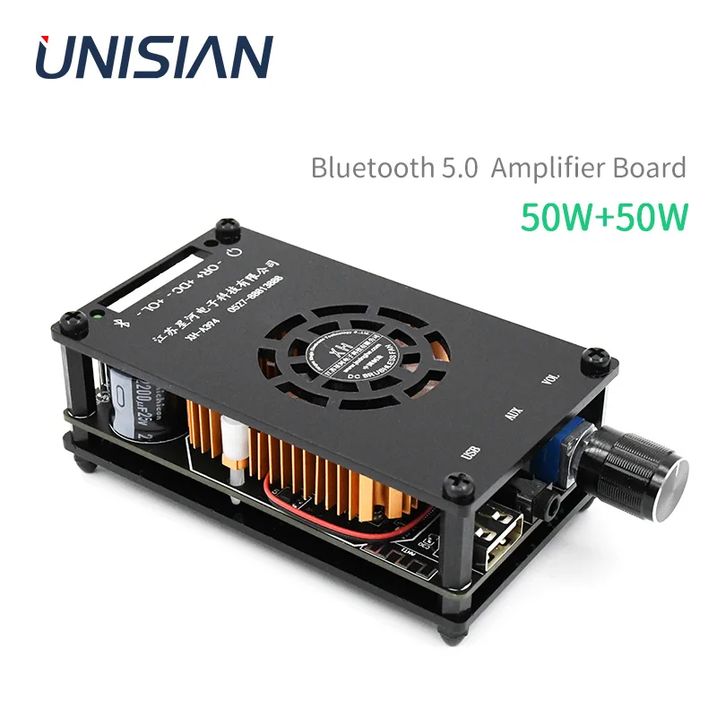 

Плата усилителя UNISIAN Bluetooth l 2X50 Вт HIFI цифровой усилитель мощности звука с переключателем BT/AUX/USB-вентилятор