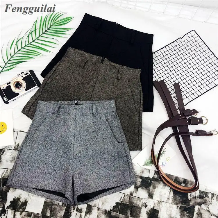 Autumn Winter Formal Shorts Women Korean High Waist Thick With Sashes Wide Leg Shorts Female Gray Black Green Casual Bottom