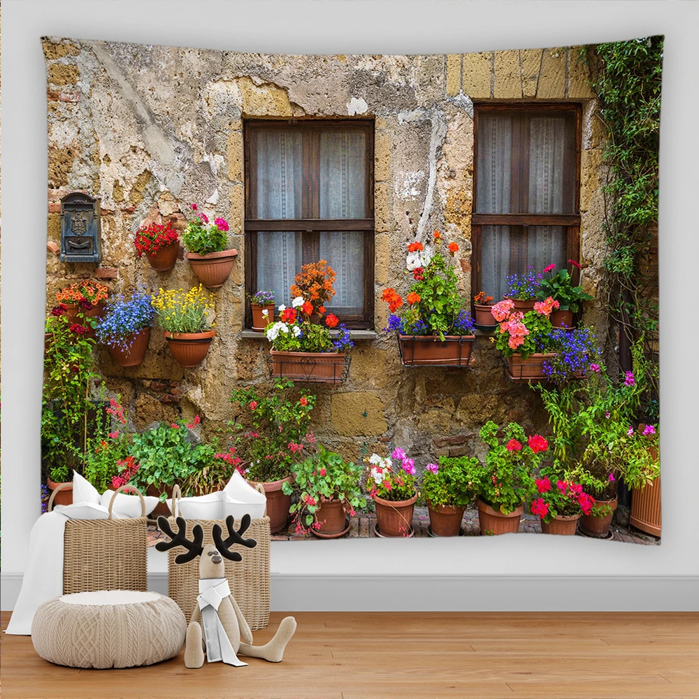 Garden Flowers Rural landscape Wall Hanging Rock Idyllic Scenery Tapestry Wall Cloth Beach Mat Flower Blanket Home Decoration