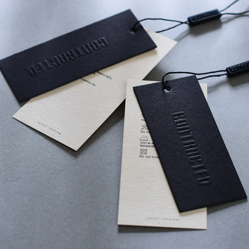 High Quality 800gsm Black Cardboard and Paper Garment Accessory Hanging Tags Brand Price Label Black String Cord Rope Stock