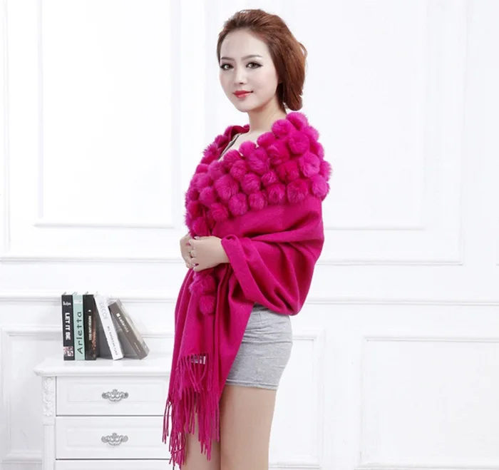 20 Colors Triangle Real Rabbit Fur Ball Shawl Wraps Winter Women Cashmere Tassel Cape Pompon Cloak Lady Mum Gift Casaco Feminino