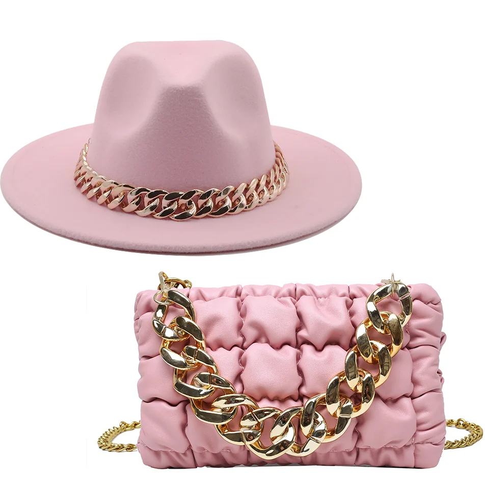 New luxury Girl Wool Chain Fedora Hat Oversized Chain Accessory Bag Hat For Women flat top Hat Latest Two-piece Set шапка