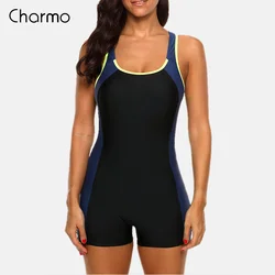 Roupa de banho esportiva Charmo-Colorblock para mulheres, maiô de peça única, roupa de praia aberta, patch fitness, roupas de banho