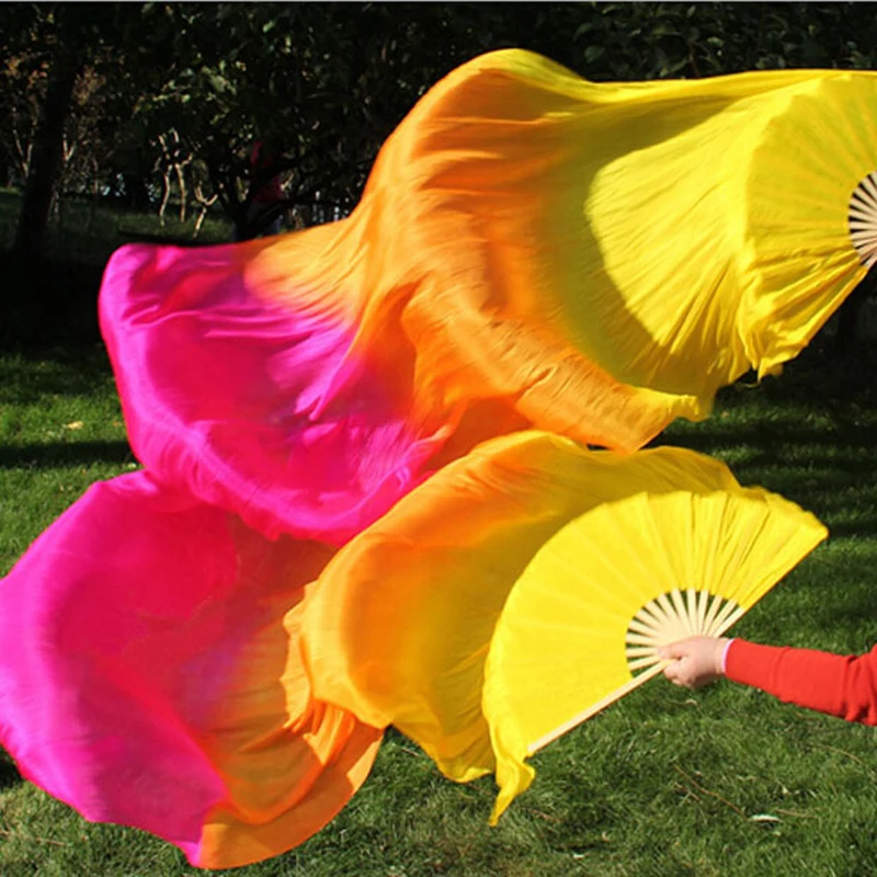 New-dyed 1Pair/2pcs Gradient Real Silk Veil Dance Fan Soft Belly Dance Bamboo Handle Long Fan Veils Nice Stage Dance Fan Props