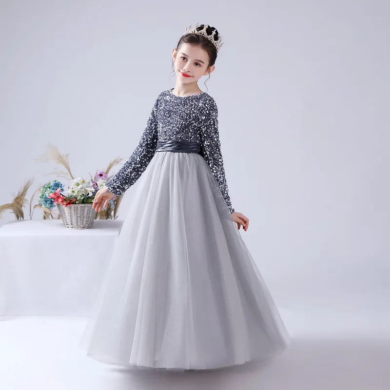 Dideyttawl Customized Junior Girls Formal Party Princess Gown Long Sleeve Grey Sequins Flower Girls Dress Wedding Birthday Party