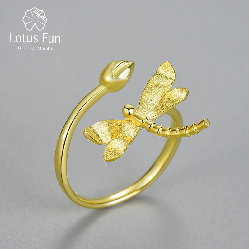 Lotus Fun Luxury Real 925 Sterling Silver 18K Gold Unusual Dragonfly Lotus Bud Adjustable Rings for Women Original Fine Jewelry