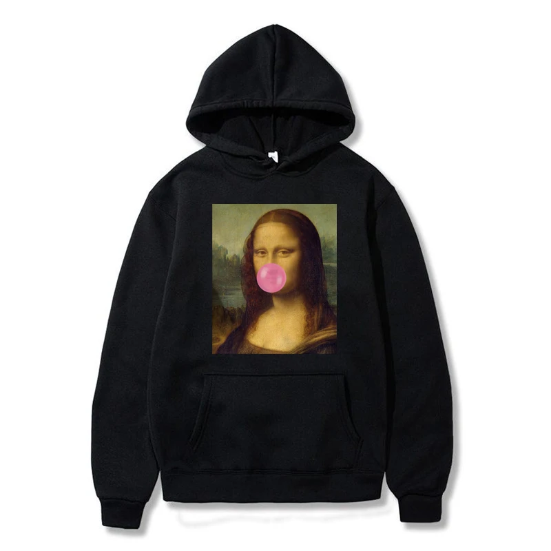 

Mona Lisa Smoking Print Fleece Hooded Women Pullover Sweatshirts Harajuku Hip Hop Streetwear Men Hoodies Casual Tops