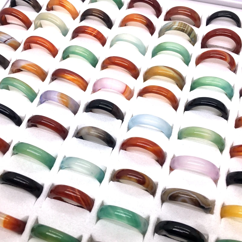 MixMax 100 Pieces Women's Fashion Rings 6MM Colorful Agate Jewelry Bands Wholesale Lot Party Gifts Mix Colors