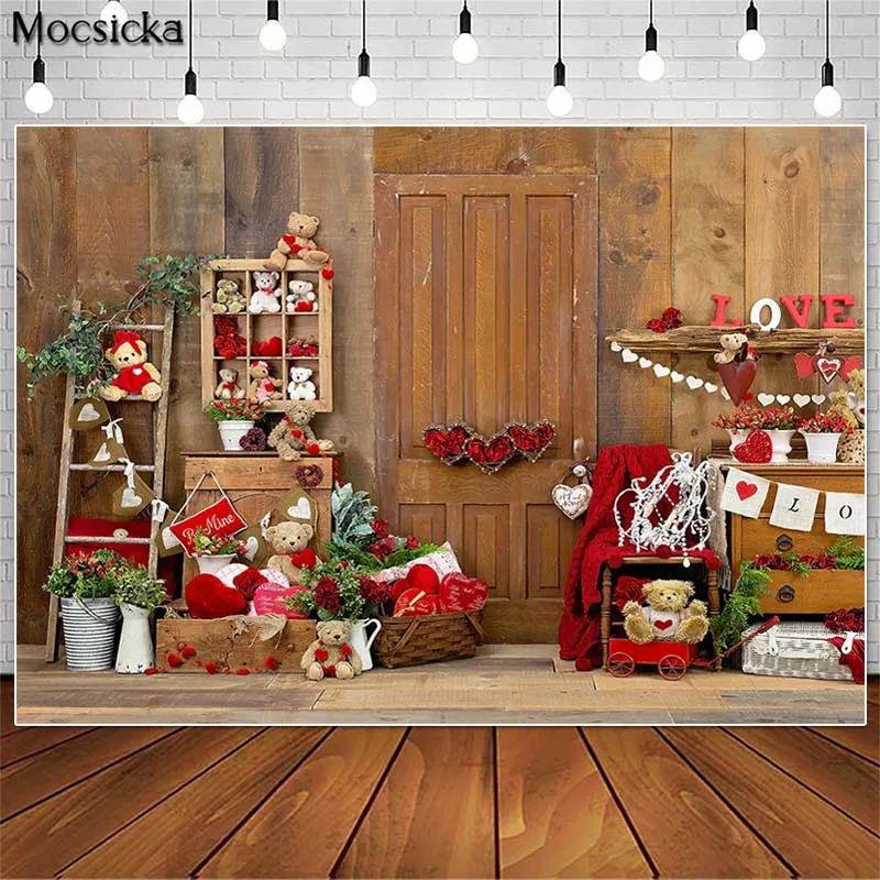 MOCSICKA Valentine Wooden Board Photography Backdrops Red Rose Bear Decor Kids Cake Smash Photocall Background Photo Studio