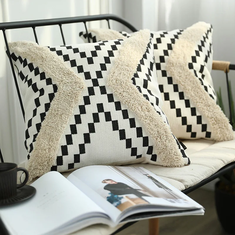 

Classical England Geometric Tufted Cushion Cover Pillow Case White Black Artistic Studio Lumbar Coussin Sofa Chair Bedding