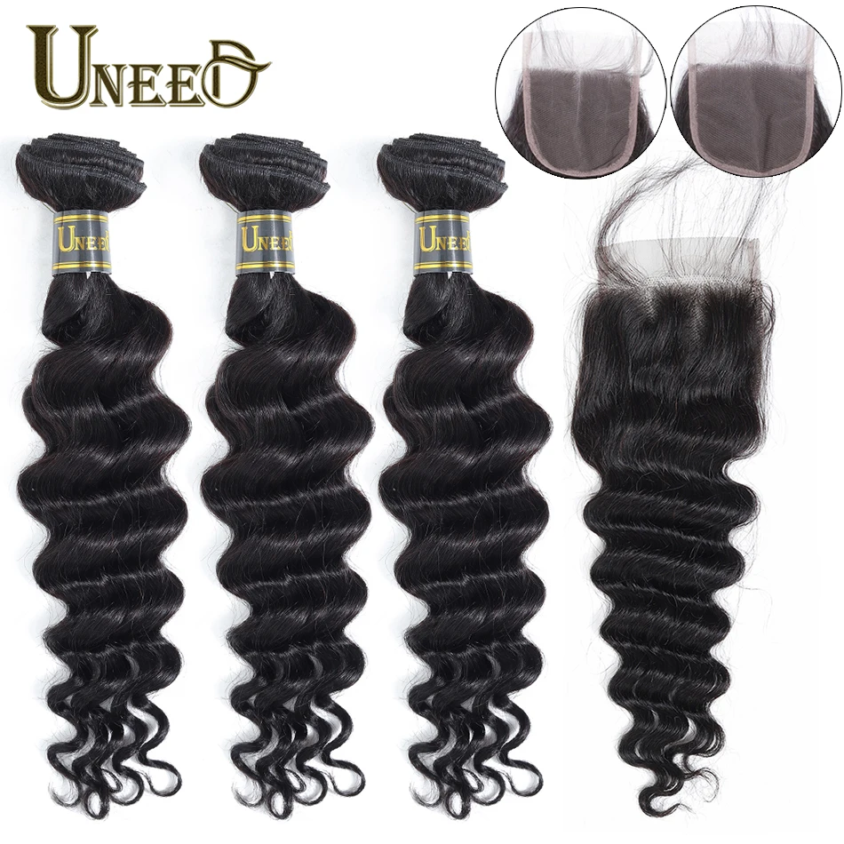 

Uneed Hair Bundles With Closure 4x4 Lace Closure Peruvian Loose Deep Wave Hair Bundles With Closure 100% Remy Human Hair Weave