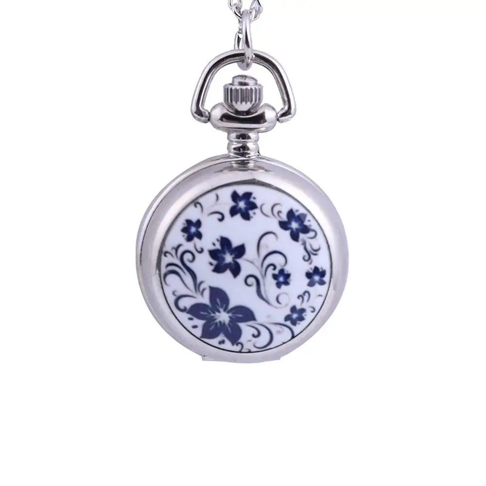 

6139Trend retro blue and white porcelain pattern printed open cover pocket watch with chain ladies children's accessories