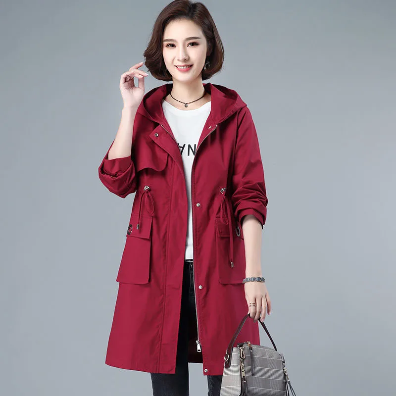 New 2022 Women Trench Coat Spring Autumn Casual Outerwear Loose Overcoat Female Mid-length Fashion Hooded Windbreaker R791