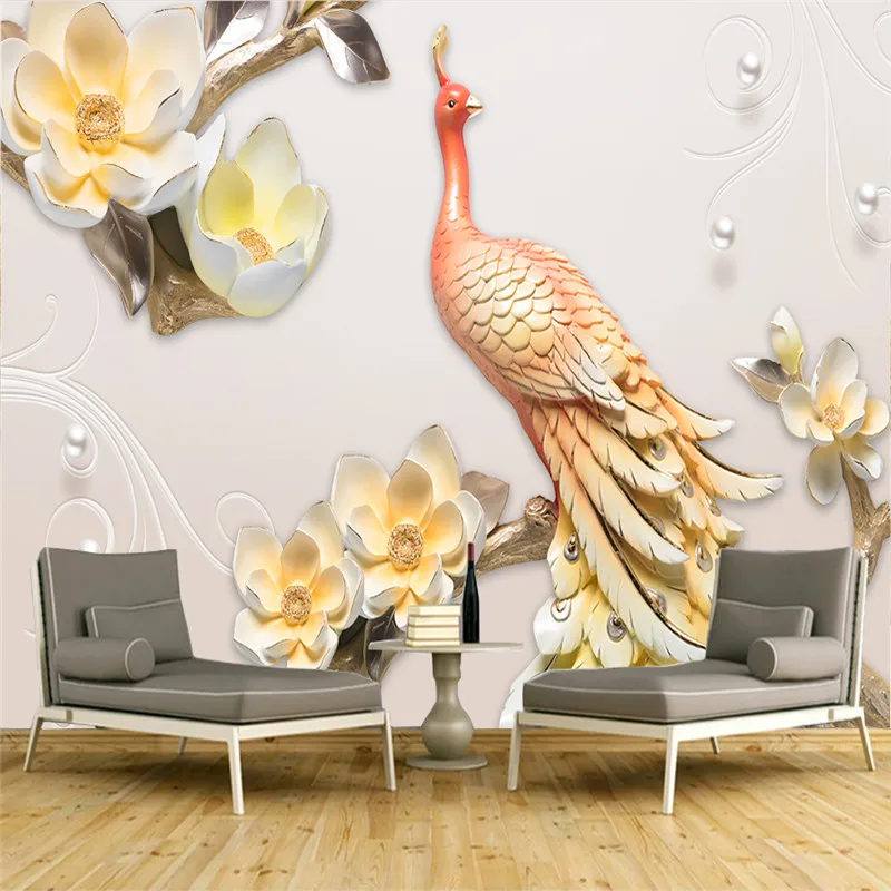 

Custom wallpaper 3D large wall modern minimalist 3D relief peacock magnolia flower background wall