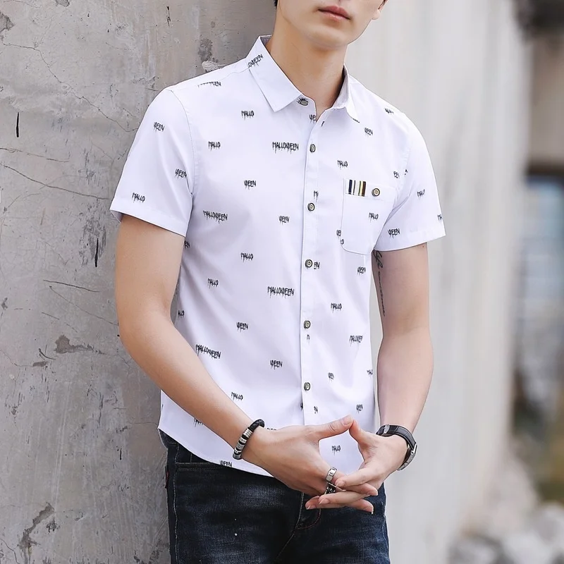 

Men's Short Sleeve Shirt New Summer Loose Handsome Printing Korean Version Slim Thin Fashion Cardigan All-match Personality