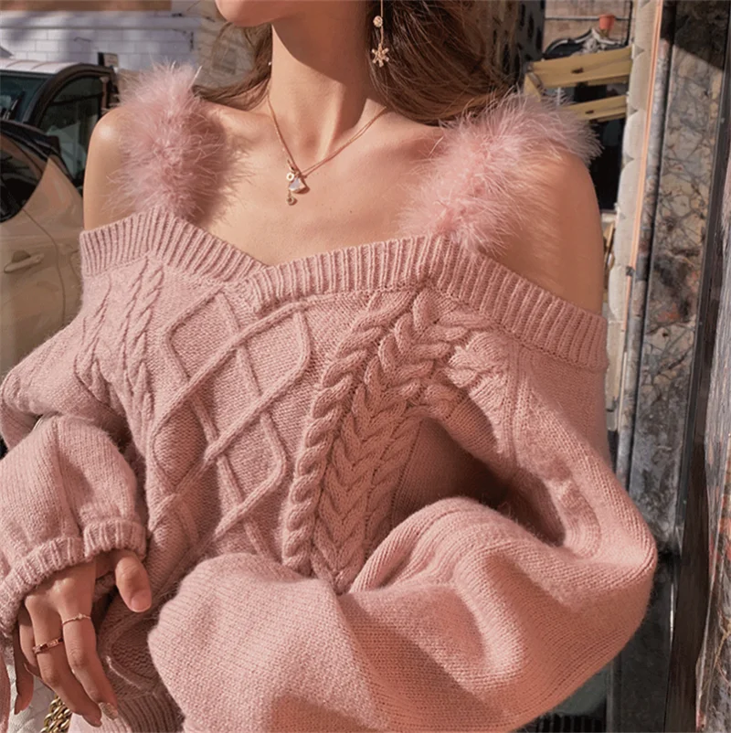 

Off Shoulder Sweater Women Sexy spring Winter Soft Girl Drawstring Puff Sleeve Knit Sweater Ladies Fur Spaghetti Pullovers