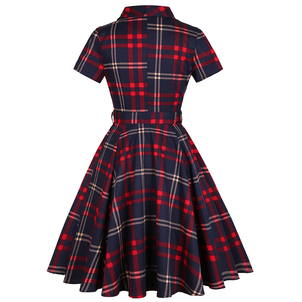 Spring Summer Retro Vintage Women Dress Plaid Printed England Style Large Size Shirt Sundress 50s 60s Pinup Swing Casual Dresses