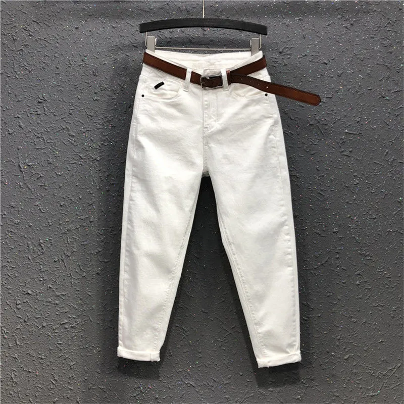 Spring Summer Thin Women Loose Casual High Waist White Jeans Femme Cotton Stretch Denim Harem Pants Capris Jeans Y468