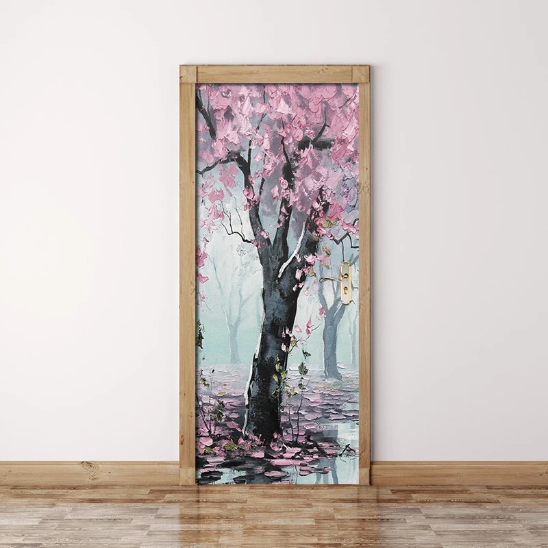 3D Pink Woods Flowers Landscape Door Stickers Mural Living Room Door PVC Self-adhesive Waterproof 3D Wallpaper Home Door Decals