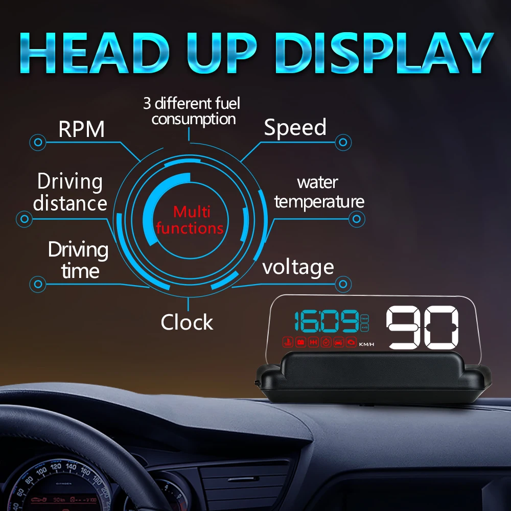 

BigBigRoad Mirror HUD Car Head up display Speed Projector Security Alarm Water temp Overspeed RPM Voltage Alarm System Auto