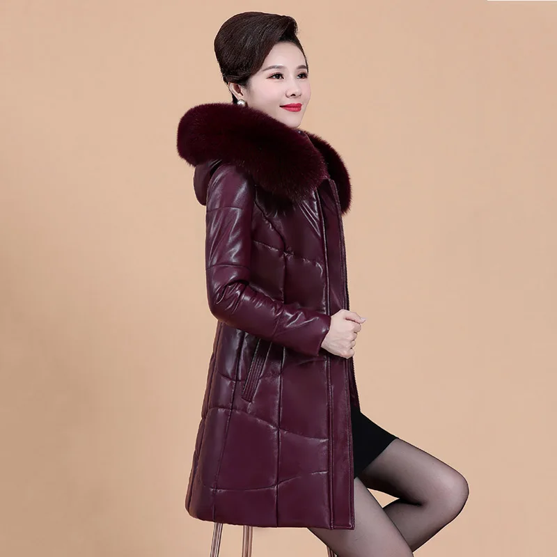 8XL Leather Down Jacket Women Mid-Length Fur Collar Hooded Leather Coat Winter Female Thick Warm Jacket 2023 Vintage Outerwear