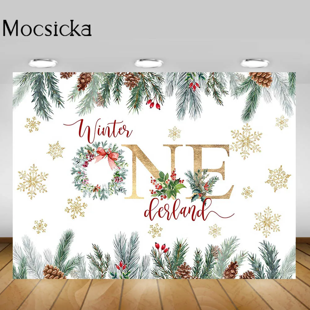 

Mocsicka Winter Onederland Backdrop Pine Forest Snowflake Wreath Christmas Background Baby 1st Birthday Party Photography Props