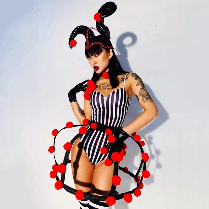 

Nightclub Bar Dancer Costume Black White Striped Bodysuit Ox horn Headdress Outfit Circus Clown Party Stage Show Clothes