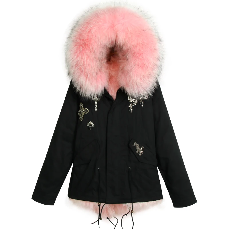 

Thick Warm Black Parka Short Style Pink Fox Fur Lined Coat With Nice Collar For Girls