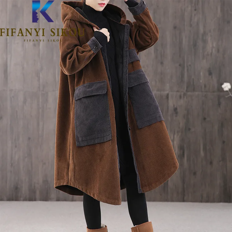 

Oversized Women Hooded Parka Winter Jacket Long Coat Big Pocket Fashion Spliced Loose Corduroy Cotton Coat Thick Warm Overcoat