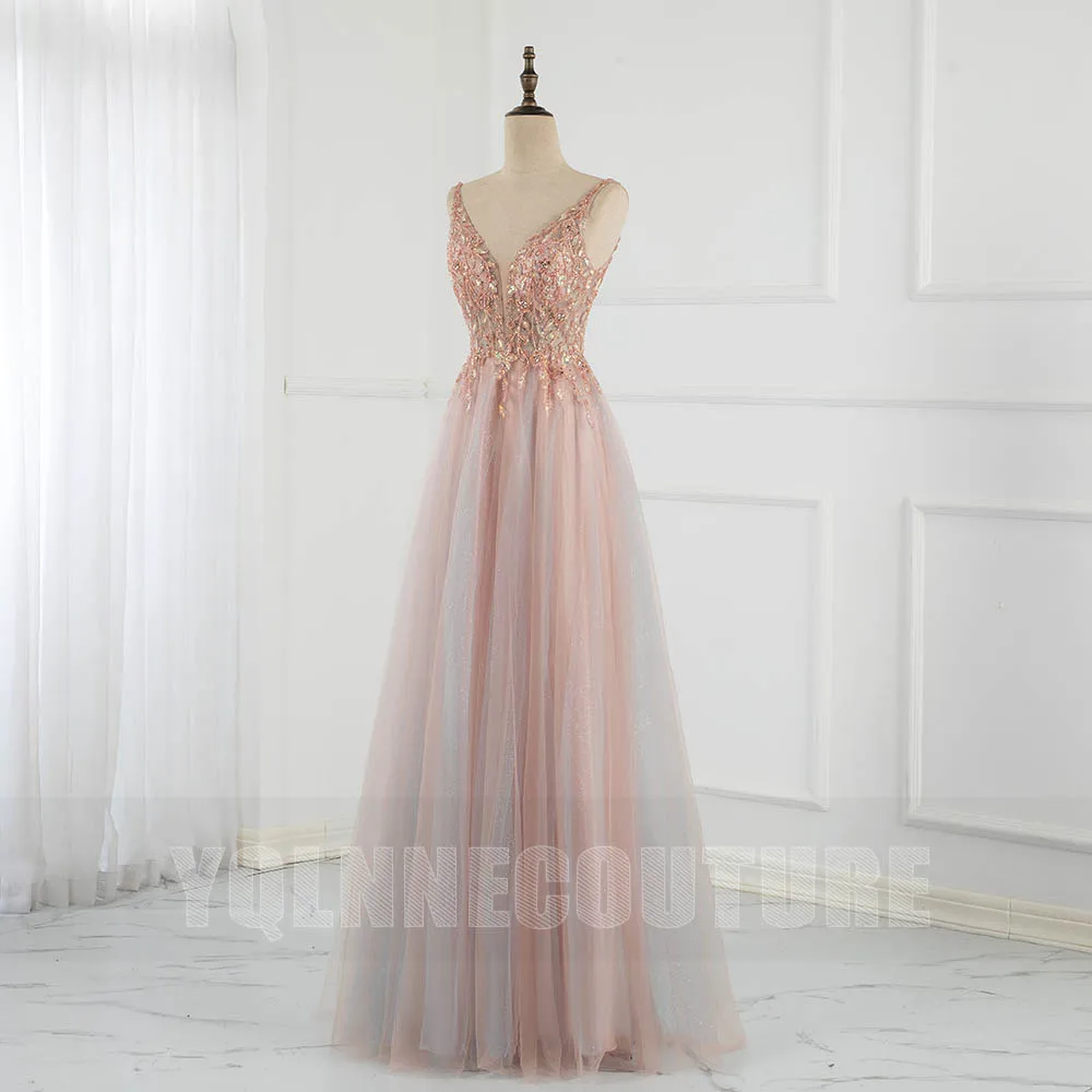 Sweet Pink Long Prom Dresses Sexy V Neck Contrast Color Tulle Beaded Sequins Backless Formal Party Gown