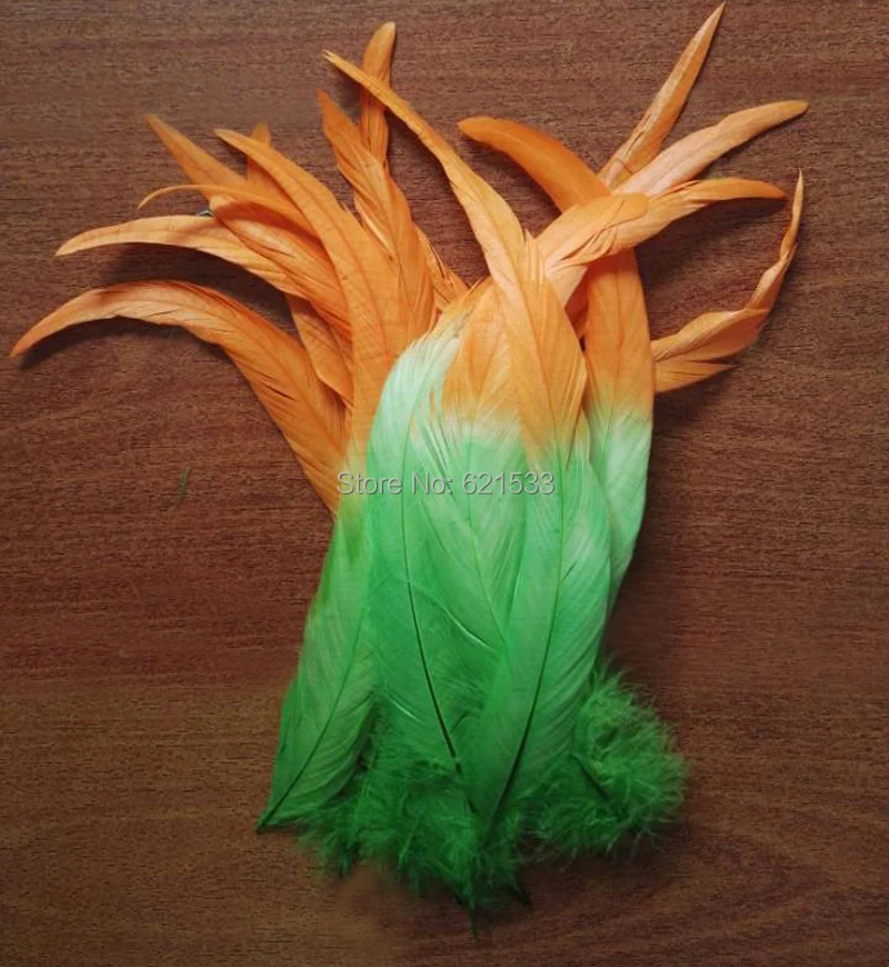 100pcs/Lot! Lime Green+Orange Two Tone Coque Rooster Tail Feathers 25-35cm Long for DIY Accessories Showgirl Carnival Costume