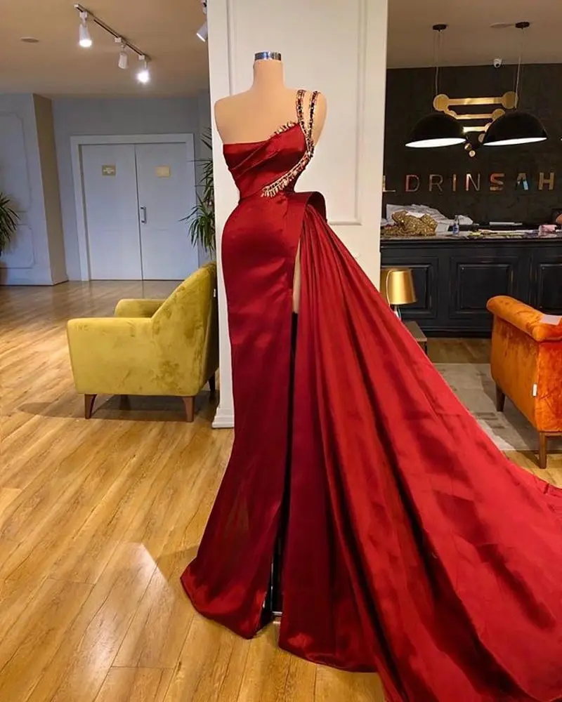 Vestido de baile de cetim vermelho ombro único, personalizado com contas 2020, vestido longo de festa, vestido de celebridade arábia, abendkl