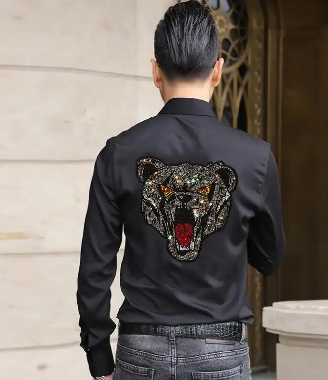 

Men Rhinestones Shirt Streetwear Style long Sleeve Tops Stand Collar Button designer Hot drill shirts