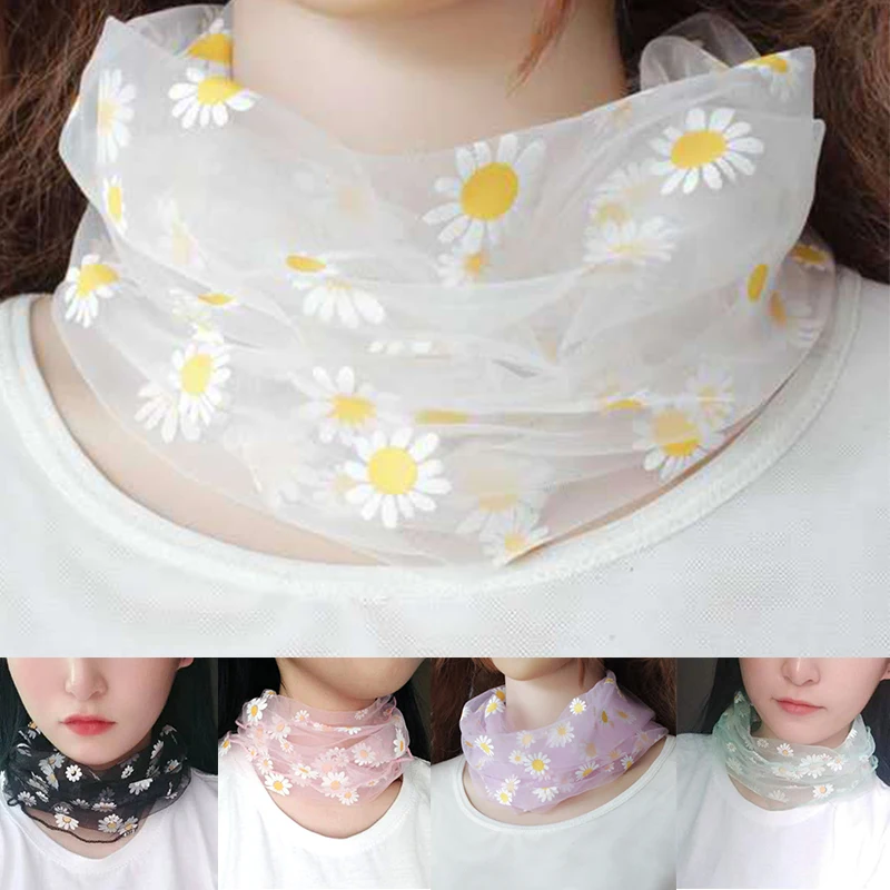 Women Silk Scarves Elegant Daisy print Mesh Bib Scarf Lace Scarf Fake Collar Fashion Lady Neck Chiffon Scarves Sun Protection