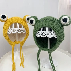 Solid Color Cartoon Frog Knitted Hat Winter Warm Hat Skullies Cap Beanie Hat For Kid Boy And Girl 44-50cm Plus Cashmere