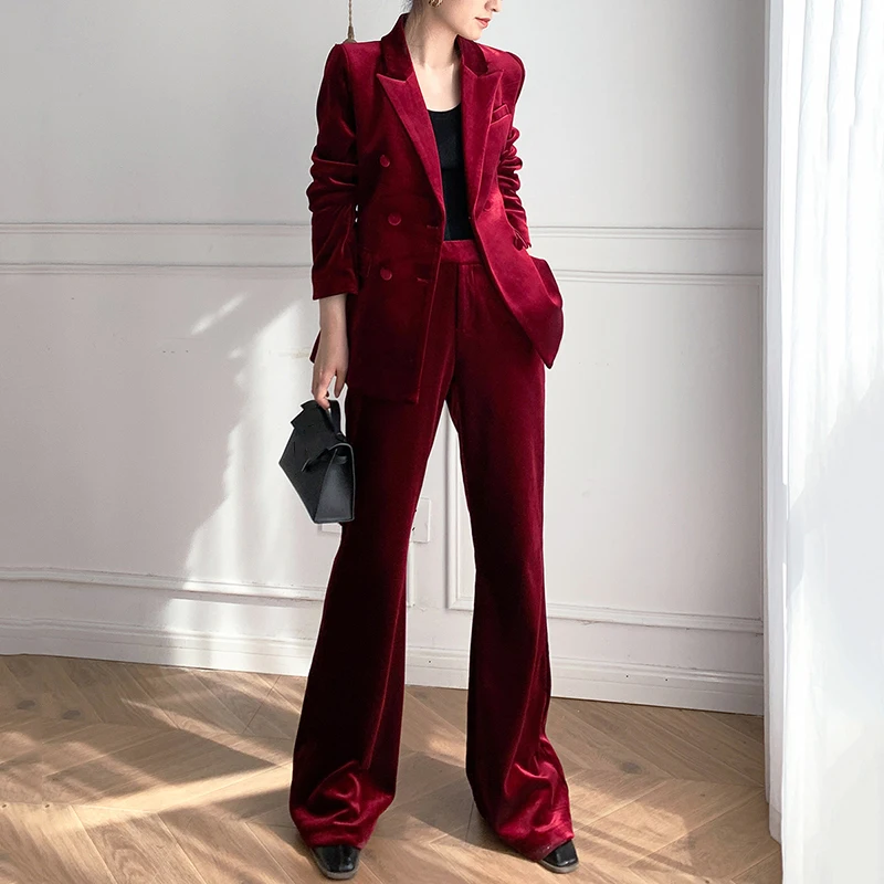 Red Velvet Blazer Peaked Lapel V Neck High Quality Double Breasted Suits Loose Office Lady Daily Casul Party Wear Jacket