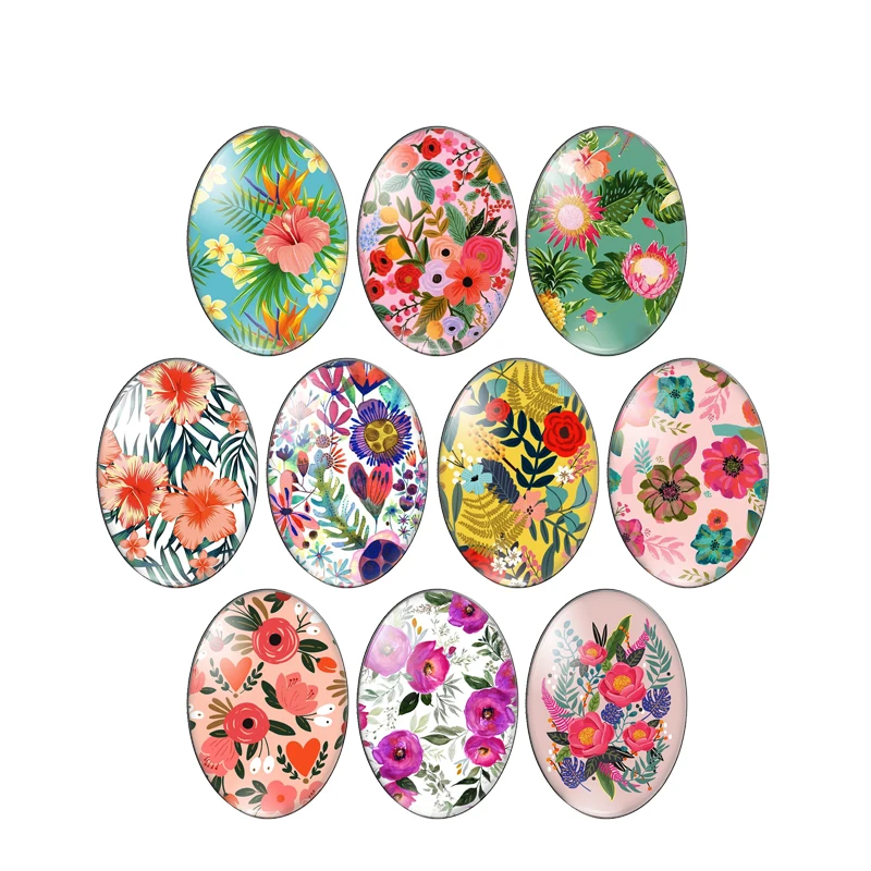 Oil paint flowers group pattern rose lotus 13x18mm/18x25mm/30x40mm Oval photo glass cabochon demo flat back Making findings