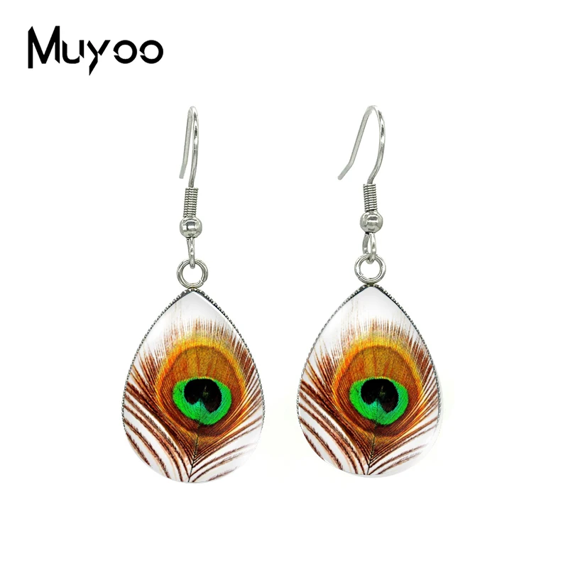 2021 New Peacock Feather Tear drop Earring Art Printed Fish hook Earrings Glass Cabochon Jewelry Handmade Items