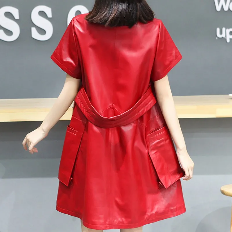 High Street Harajuku Women Loose Fit Mid Dress Short Sleeve Turtleneck Genuine Leather Dress Pockets Belted Oversized Dresses