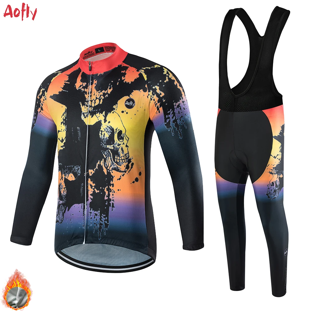 New Dark Skull Men And Women Long-Sleeved Warm Clothing Winter Cycling Clothing Suit Cross-Country Bike Cycling Shirt Bib 9D Gel