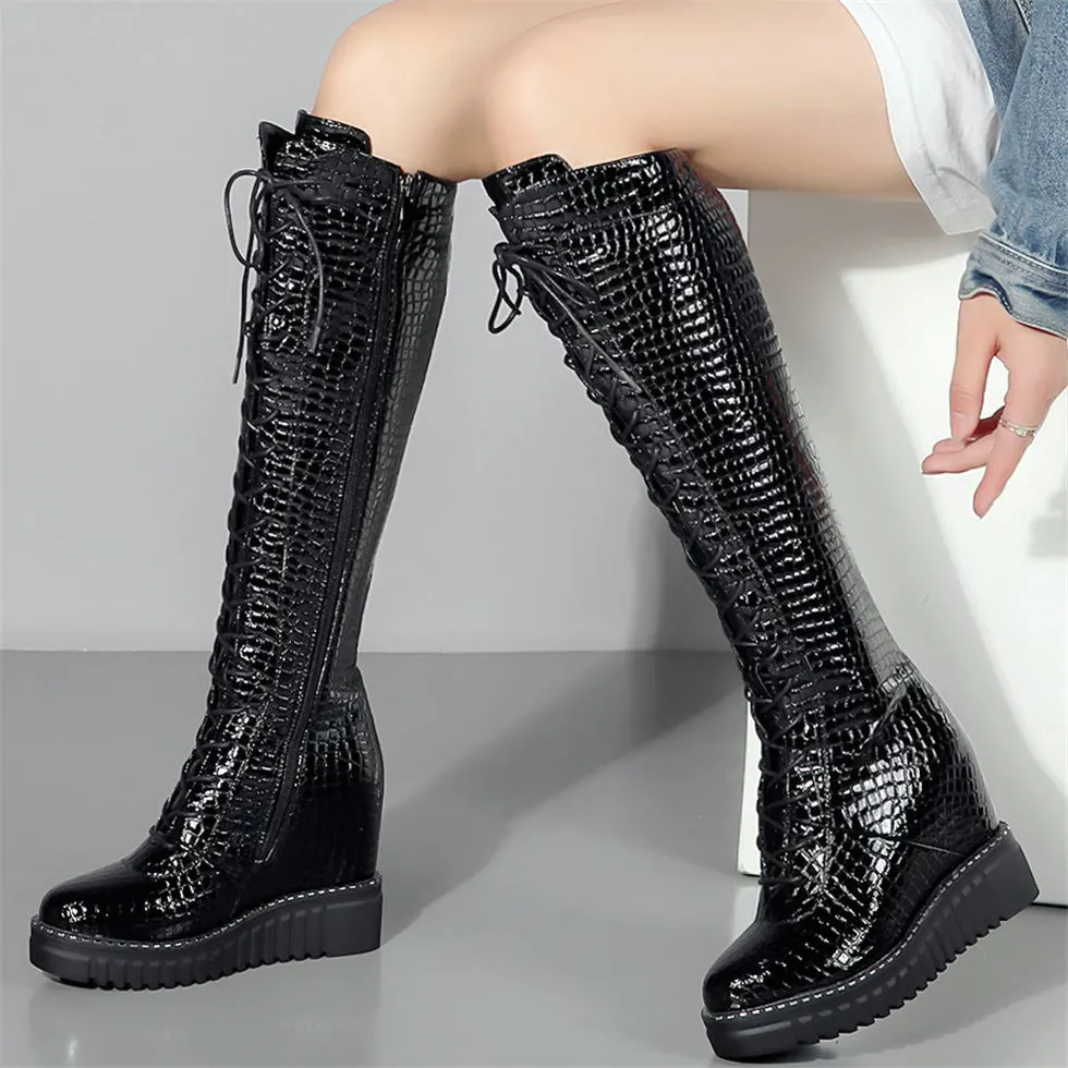 

Winter Shoes Women Lace Up Cow Leather Wedges High Heel Thigh High Snow Boots Female Round Toe Platform Pumps Fashion Sneakers