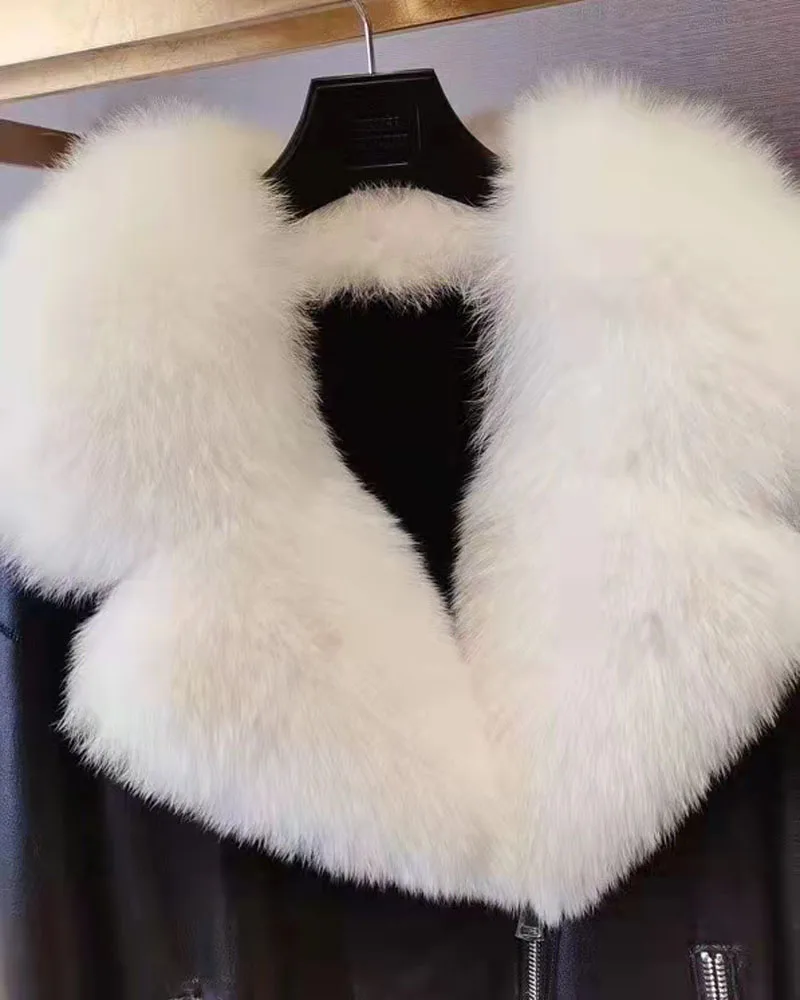 Natural Real Sheep Fur Double-Faced Coat Winter Women Short Length Fox Fur Collar Thick Warm New Luxury Fashion