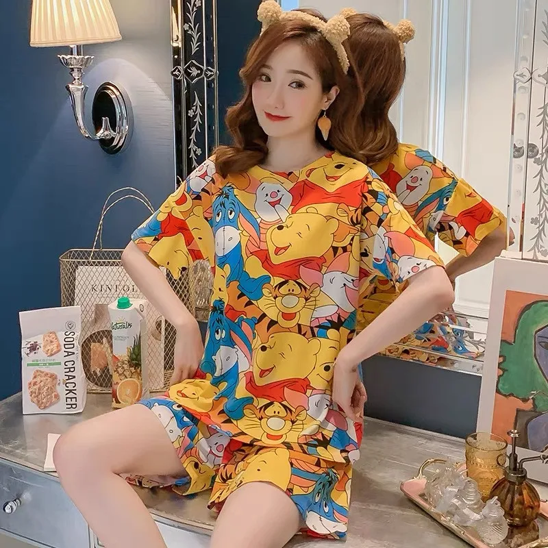 Disney summer pajamas Women cartoon bear Mickey print student thin short-sleeved cute shorts two-piece suit home service pajamas