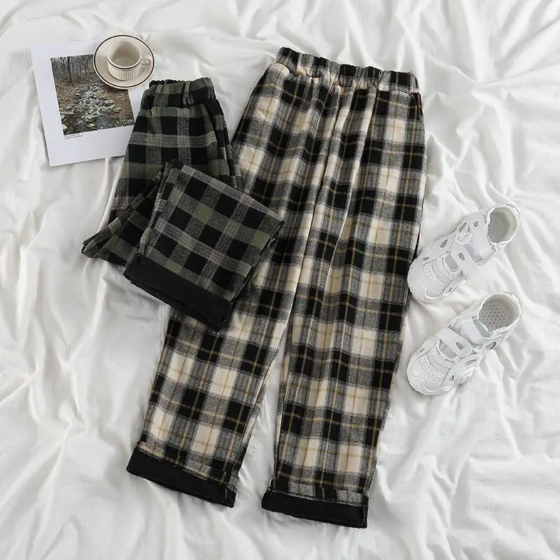 JMPRS Vintage Plaid Pants Women Thicker Plus Velvet Korean Style Simple Chic Trendy Popular All-match Leisure Female Bottom 