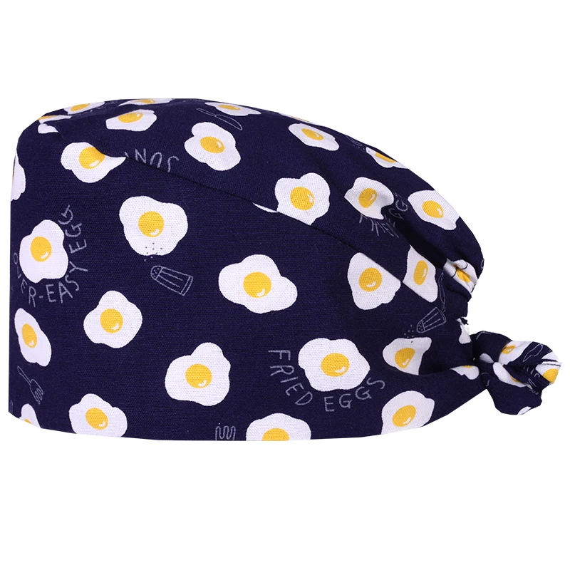 Fried Eggs Print Scrub Caps Pattern Nursing Work Hats Navy Women Men 100% Cotton Beautician Chef Skull Cap M319