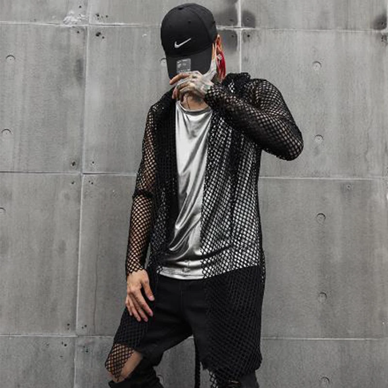 Nightclub DJ singer sexy mesh hip hop punk rock t shirt long tops with waist rope mens harajuku gothic hooded tee shirts cloak