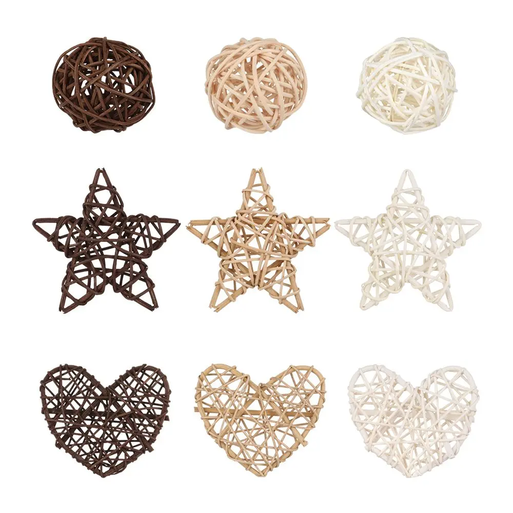 10Pcs Mixed Color Rattan Ball Heart Stars Wood Coffee White Christmas Tree Ornament Hanging Pendants DIY Wreath Accessories